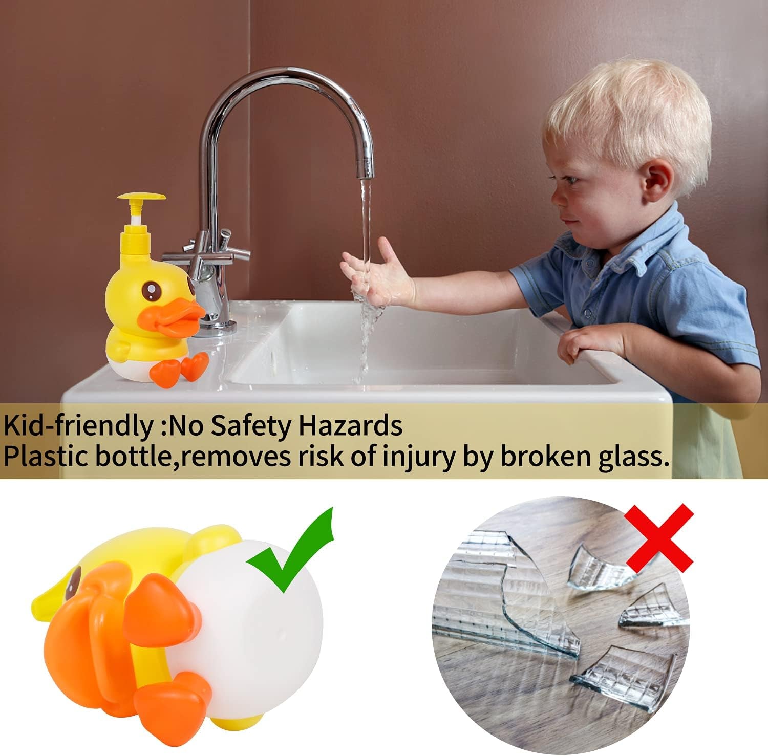 Cute Soap Dispenser for Kids Adult Bathroom Kitchen Countertop Vanity Top Fit Body Lotion Shampoo Shower Hand Sanitizer Animal Yellow Duck Themed Soap Bottle with Pump Bath Accessories