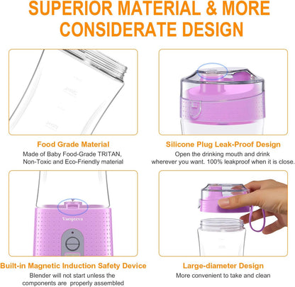 Portable Blender Personal USB Rechargeable Juice Cup for Smoothie and Protein Shakes Mini Handheld Fruit Mixer 13Oz Bottle for Travel Gym Home Office Sports Outdoors Chic Pink