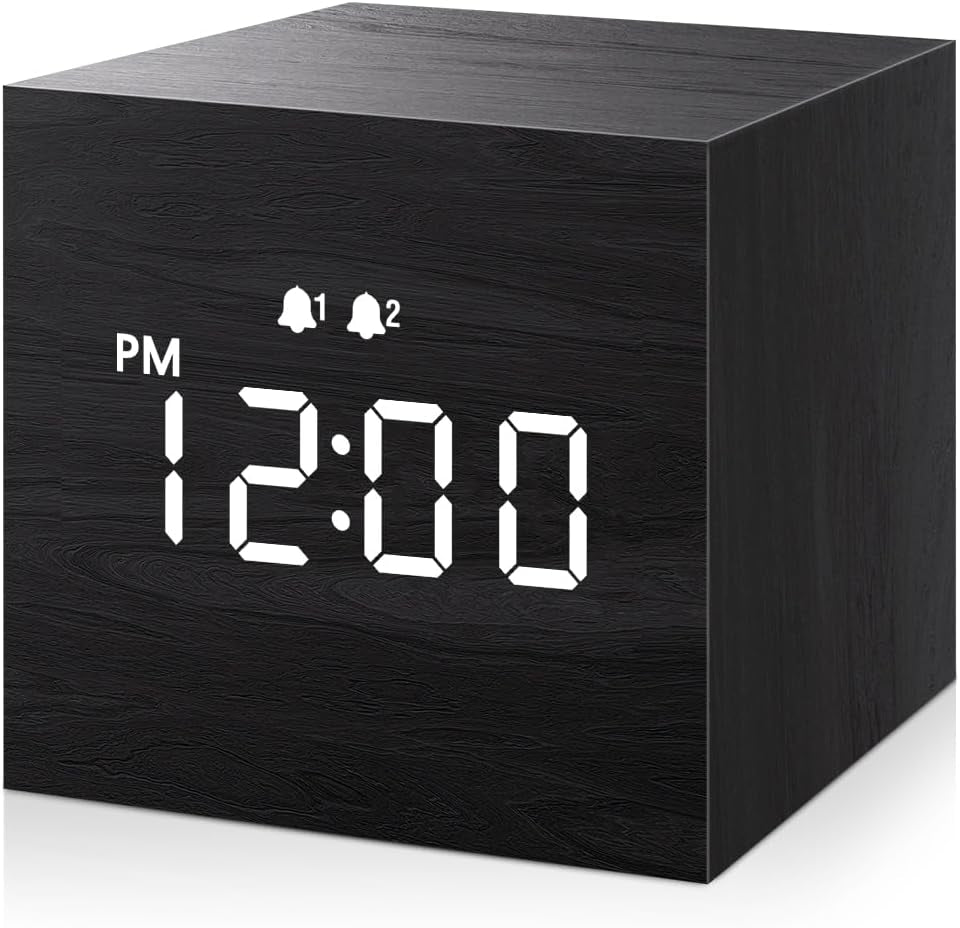 Digital Alarm Clock, with Wooden Electronic LED Time Display, 3 Dual plus Alarm, 2.5-Inch Cubic Small Mini Wood Made Electric Clocks for Bedroom, Bedside, Desk, Black