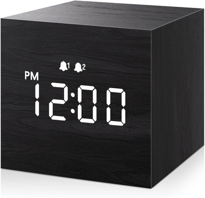 Digital Alarm Clock, with Wooden Electronic LED Time Display, 3 Dual plus Alarm, 2.5-Inch Cubic Small Mini Wood Made Electric Clocks for Bedroom, Bedside, Desk, Black