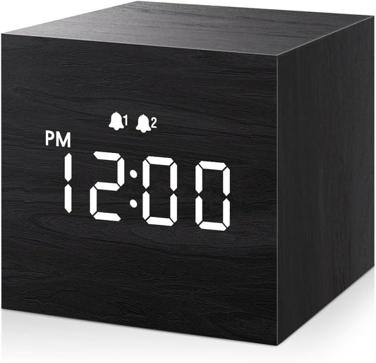 Digital Alarm Clock, with Wooden Electronic LED Time Display, 3 Dual plus Alarm, 2.5-Inch Cubic Small Mini Wood Made Electric Clocks for Bedroom, Bedside, Desk, Black