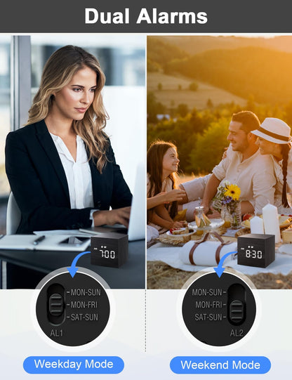 Digital Alarm Clock, with Wooden Electronic LED Time Display, 3 Dual plus Alarm, 2.5-Inch Cubic Small Mini Wood Made Electric Clocks for Bedroom, Bedside, Desk, Black