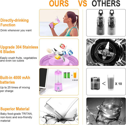 Portable Blender Personal USB Rechargeable Juice Cup for Smoothie and Protein Shakes Mini Handheld Fruit Mixer 13Oz Bottle for Travel Gym Home Office Sports Outdoors Chic Pink