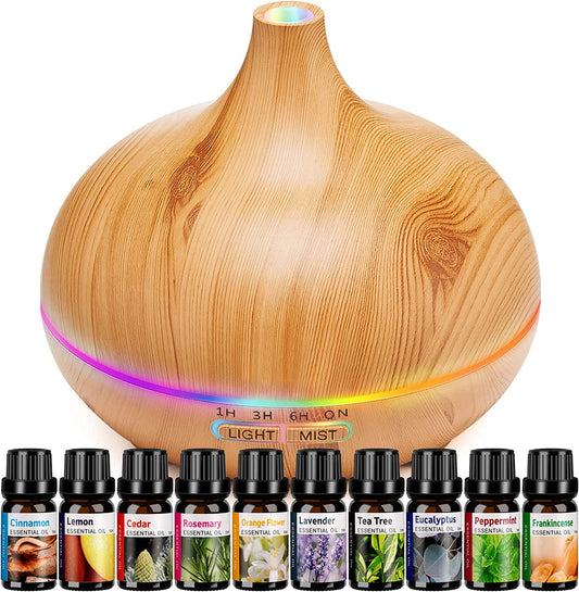 Aroma Humidifier for Essential Oil Large Room Diffuser Set with 10 Essential Oils, Aromatherapy Ultrasonic 550Ml Diffusers for Essential Oil, Bedroom Vaporizer Cool Mist Humidifier for Home and Office