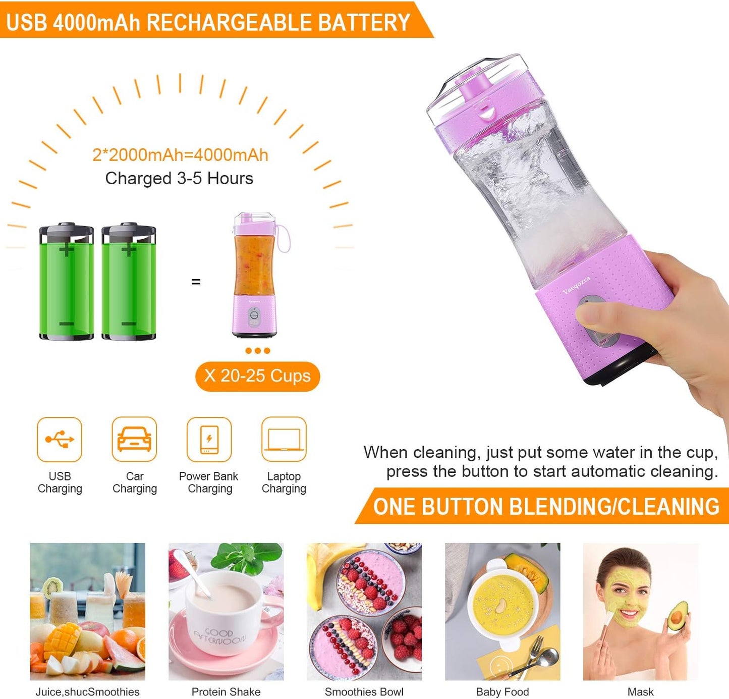 Portable Blender Personal USB Rechargeable Juice Cup for Smoothie and Protein Shakes Mini Handheld Fruit Mixer 13Oz Bottle for Travel Gym Home Office Sports Outdoors Chic Pink
