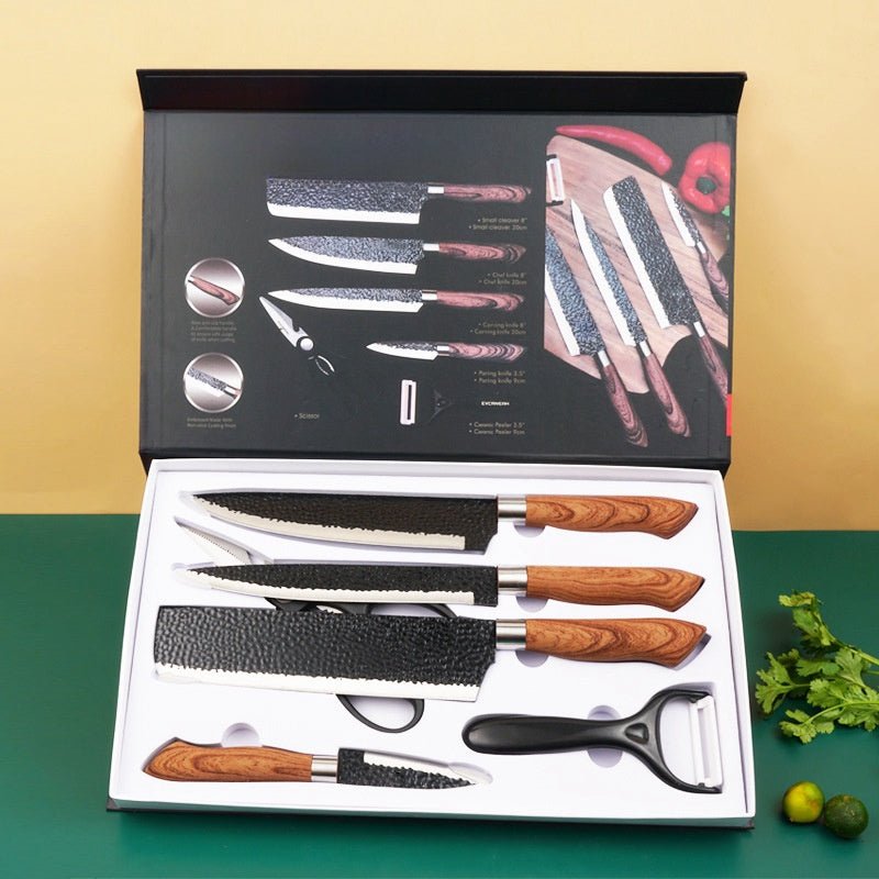 6 PCS Kitchen Knife Sets, Steel Kitchen Knives Set Tools Forged Kitchen Knife Scissors Ceramic Peeler Chef Slicer Knife Gift Case - Mellies