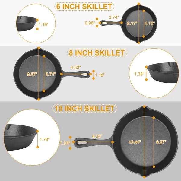 3Pcs Pre-Seasoned Cast Iron Skillet Set 6/8/10in Non-Stick Oven Safe Cookware Heat-Resistant Frying Pan - Mellies