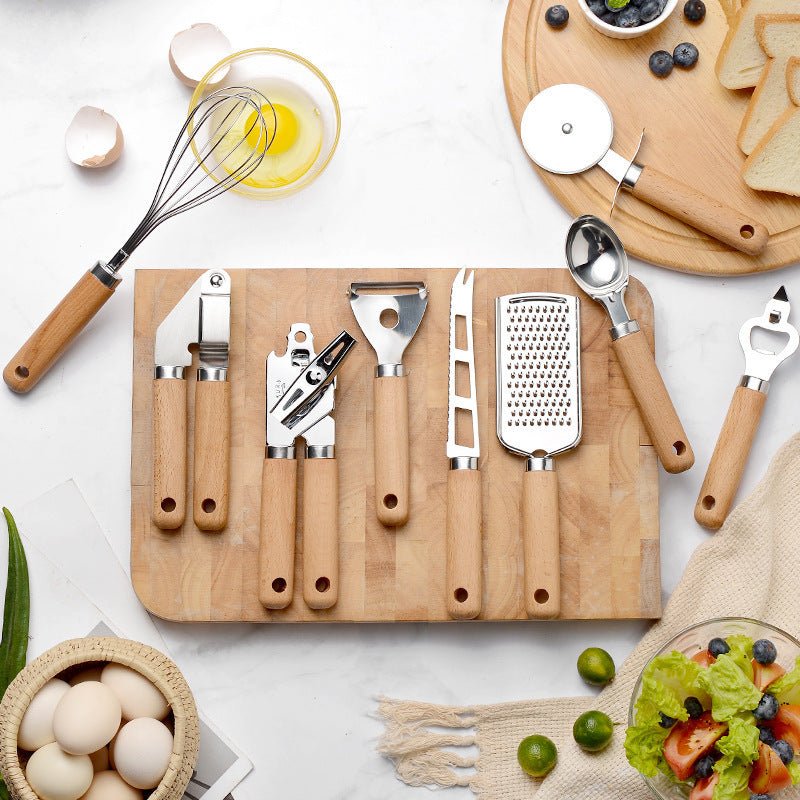 9 - Piece Kitchen Gadget Set | Stainless Steel & Beech Wood Handles - Mellies