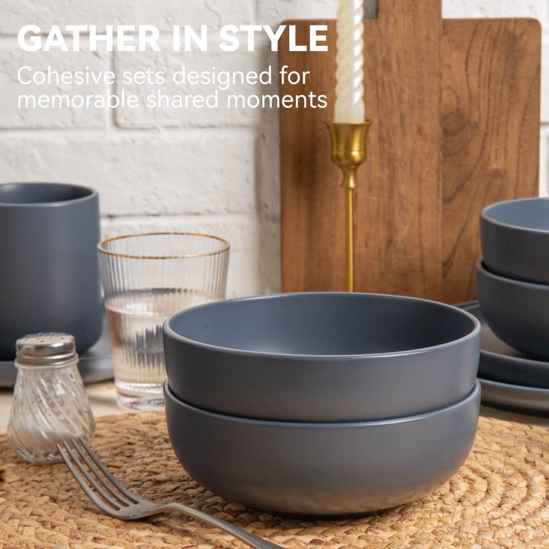 12 - Piece Stoneware Dinnerware Sets With Mugs Microwave Dishwasher Safe Non - Toxic Dinner Plates Bowls Set Stackable Matte Glaze Kitchenware For 3 - Mellies