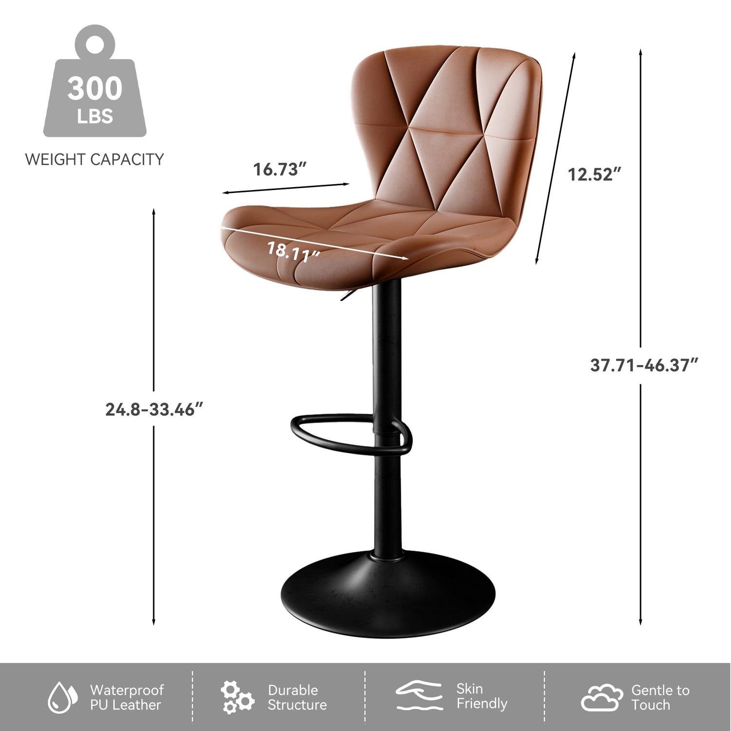 Modern Bar Stools Set Of 2, Adjustable Faux Leather Upholstered Swivel Bar Stools, Counter Height Bar Chairs With Back For Kitchen Island - Mellies