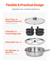 Egg Poacher Pan, 4 - Cup Poached Egg Maker, Stainless Steel Poaching Pan And Frying Skillet, With 4 Nonsitck Detachable Large Cups, Lid, And Silicone Spatula, Compatible With Induction Stovetop - Mellies