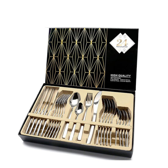 24 PCS Flatware Set Cutlery Dinnerware Spoon Knives Gift Box - Mellies
