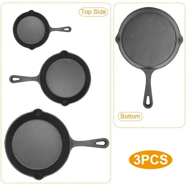 3Pcs Pre-Seasoned Cast Iron Skillet Set 6/8/10in Non-Stick Oven Safe Cookware Heat-Resistant Frying Pan - Mellies