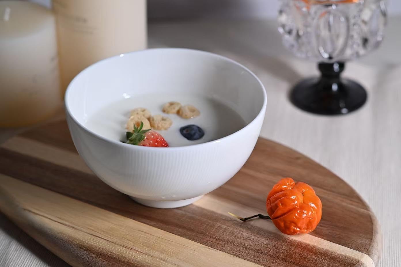 Setaria Bone China Dinnerware Set, 12 Pieces, Service For 4, Plates, Dishes, Bowls Set, Microwave And Dishwasher Safe, Ivory White With Narrow Curve Stripe - Mellies