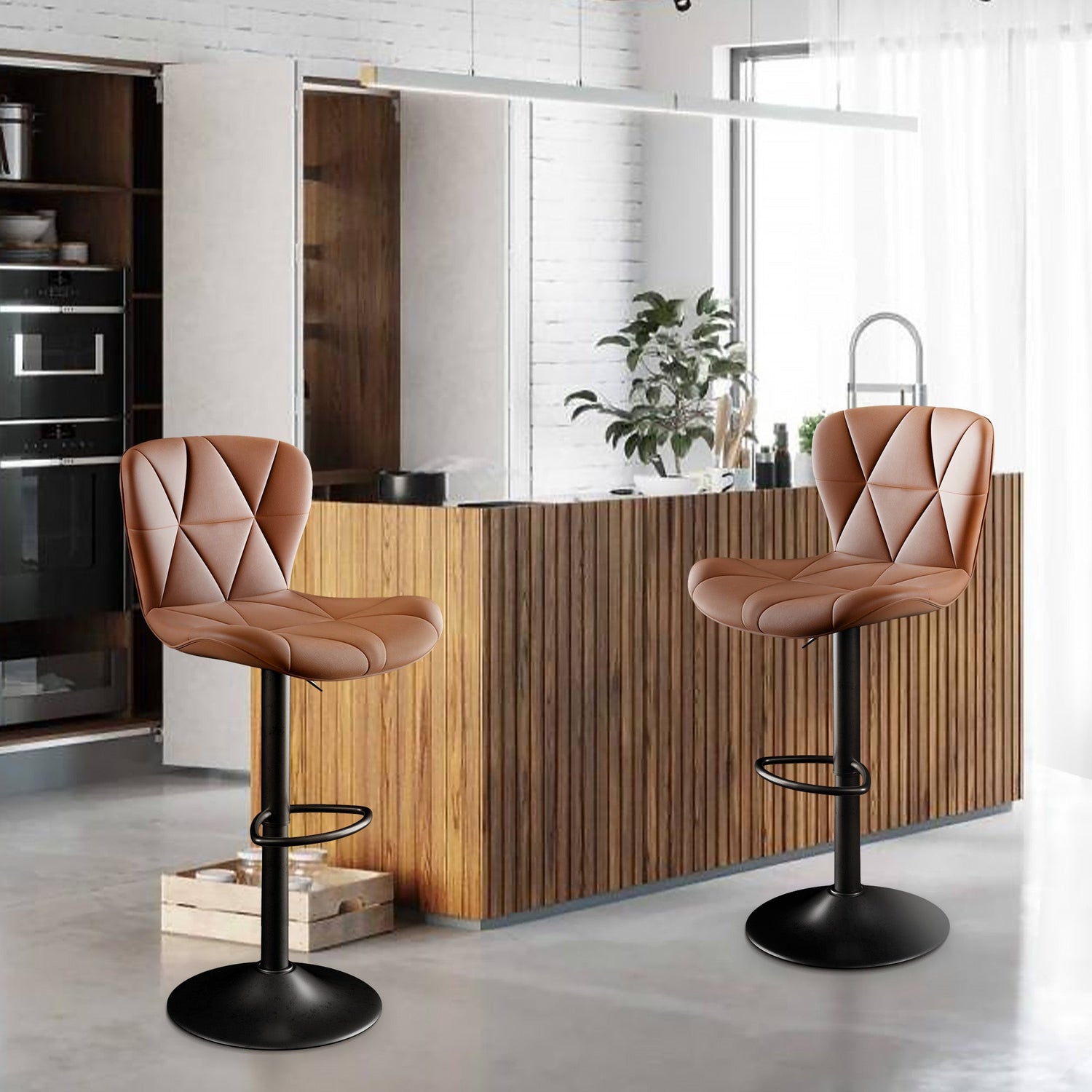 Modern Bar Stools Set Of 2, Adjustable Faux Leather Upholstered Swivel Bar Stools, Counter Height Bar Chairs With Back For Kitchen Island - Mellies