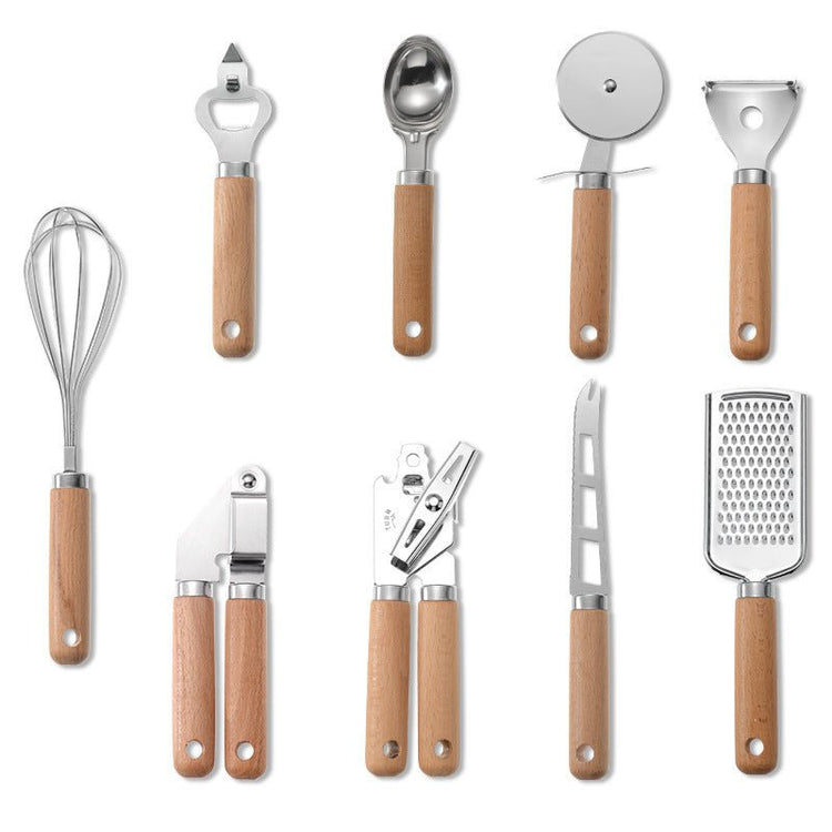 9 - Piece Kitchen Gadget Set | Stainless Steel & Beech Wood Handles - Mellies