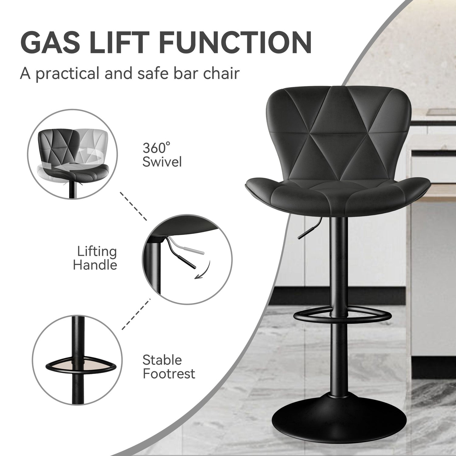Modern Bar Stools Set Of 2, Adjustable Faux Leather Upholstered Swivel Bar Stools, Counter Height Bar Chairs With Back For Kitchen Island - Mellies