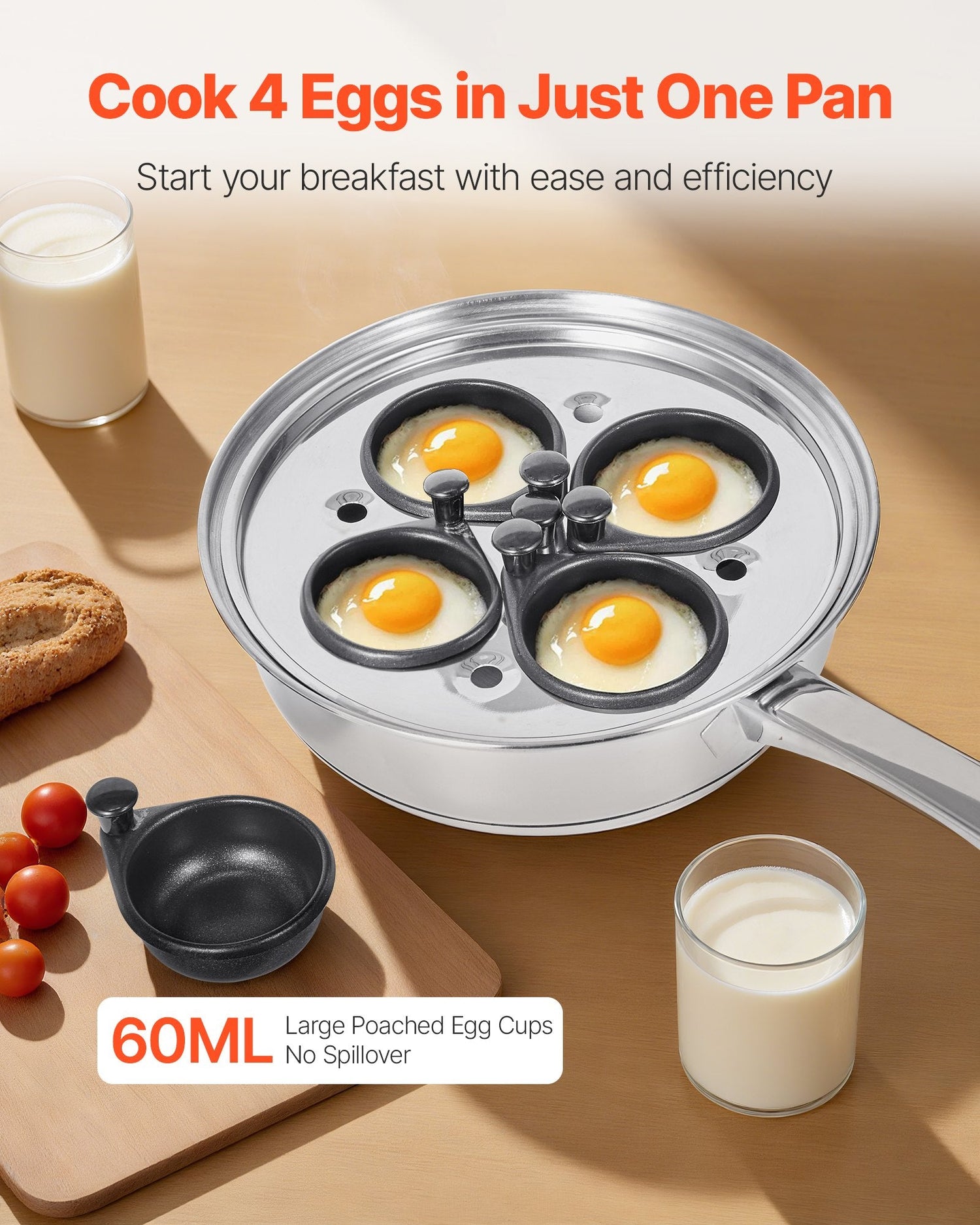 Egg Poacher Pan, 4 - Cup Poached Egg Maker, Stainless Steel Poaching Pan And Frying Skillet, With 4 Nonsitck Detachable Large Cups, Lid, And Silicone Spatula, Compatible With Induction Stovetop - Mellies