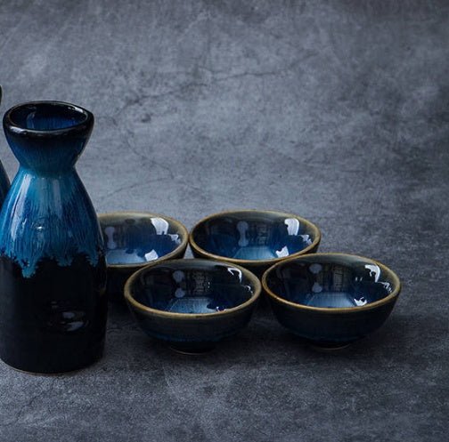 Vintage Japanese Ceramic Pot Liquor Glass 1 Jar 4 Cups Home Bar Sake White Glass Bottle - Mellies