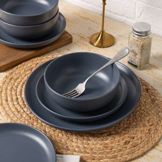 12 - Piece Stoneware Dinnerware Sets With Mugs Microwave Dishwasher Safe Non - Toxic Dinner Plates Bowls Set Stackable Matte Glaze Kitchenware For 3 - Mellies