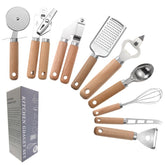 9 - Piece Kitchen Gadget Set | Stainless Steel & Beech Wood Handles - Mellies
