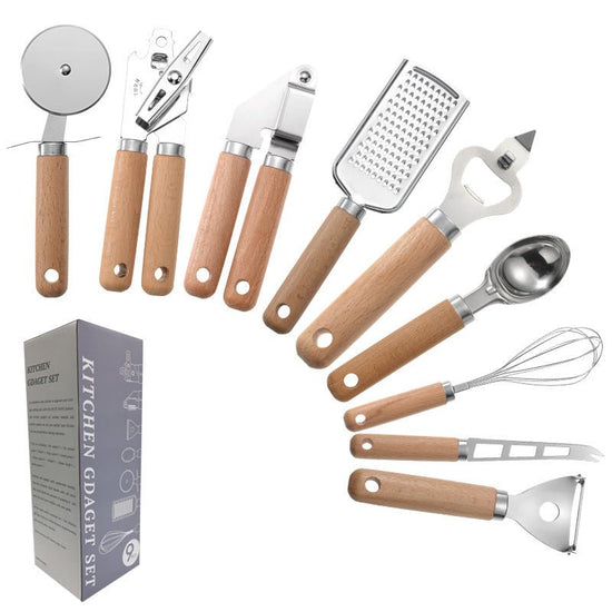 9 - Piece Kitchen Gadget Set | Stainless Steel & Beech Wood Handles - Mellies