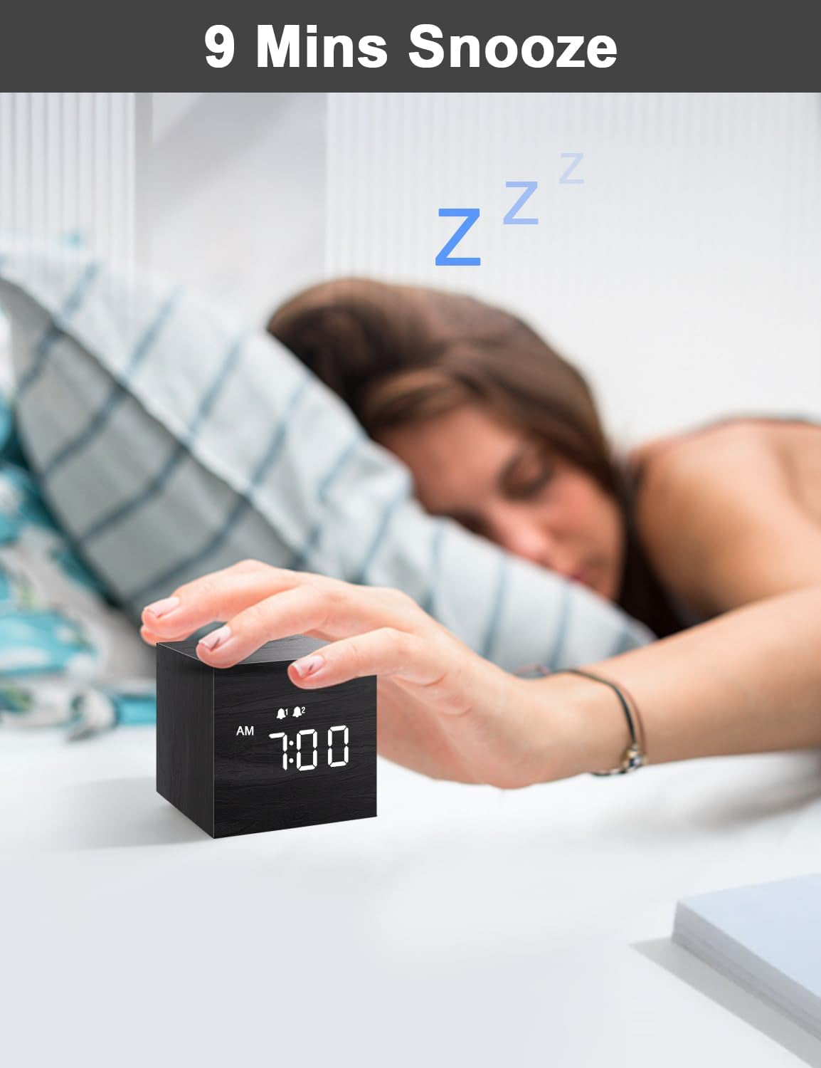 Digital Alarm Clock, with Wooden Electronic LED Time Display, 3 Dual plus Alarm, 2.5-Inch Cubic Small Mini Wood Made Electric Clocks for Bedroom, Bedside, Desk, Black